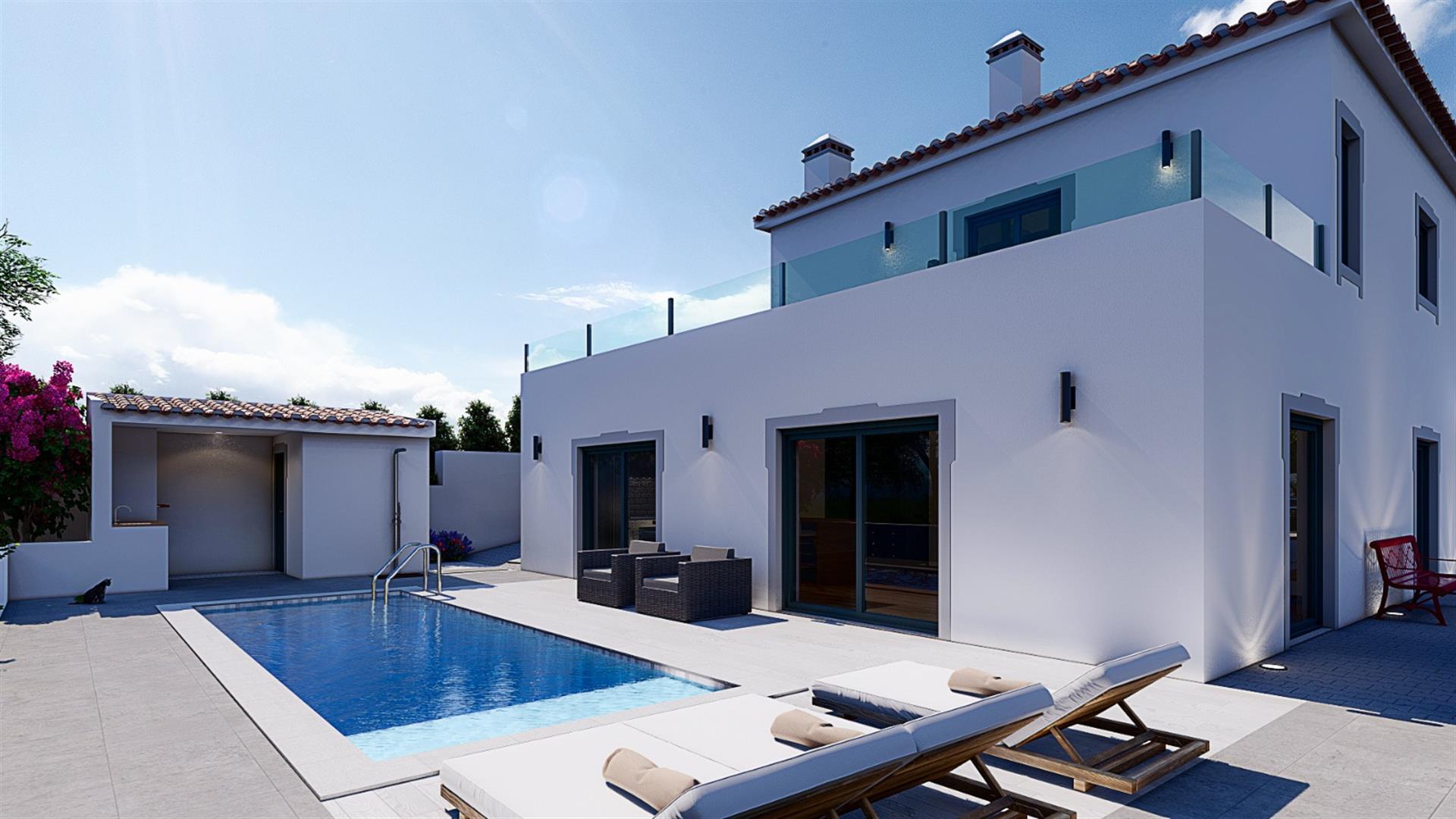 Ausgezeichnete neue T4-Villa auf dem Land und in der Nähe des Strandes und der Stadt Lissabon.