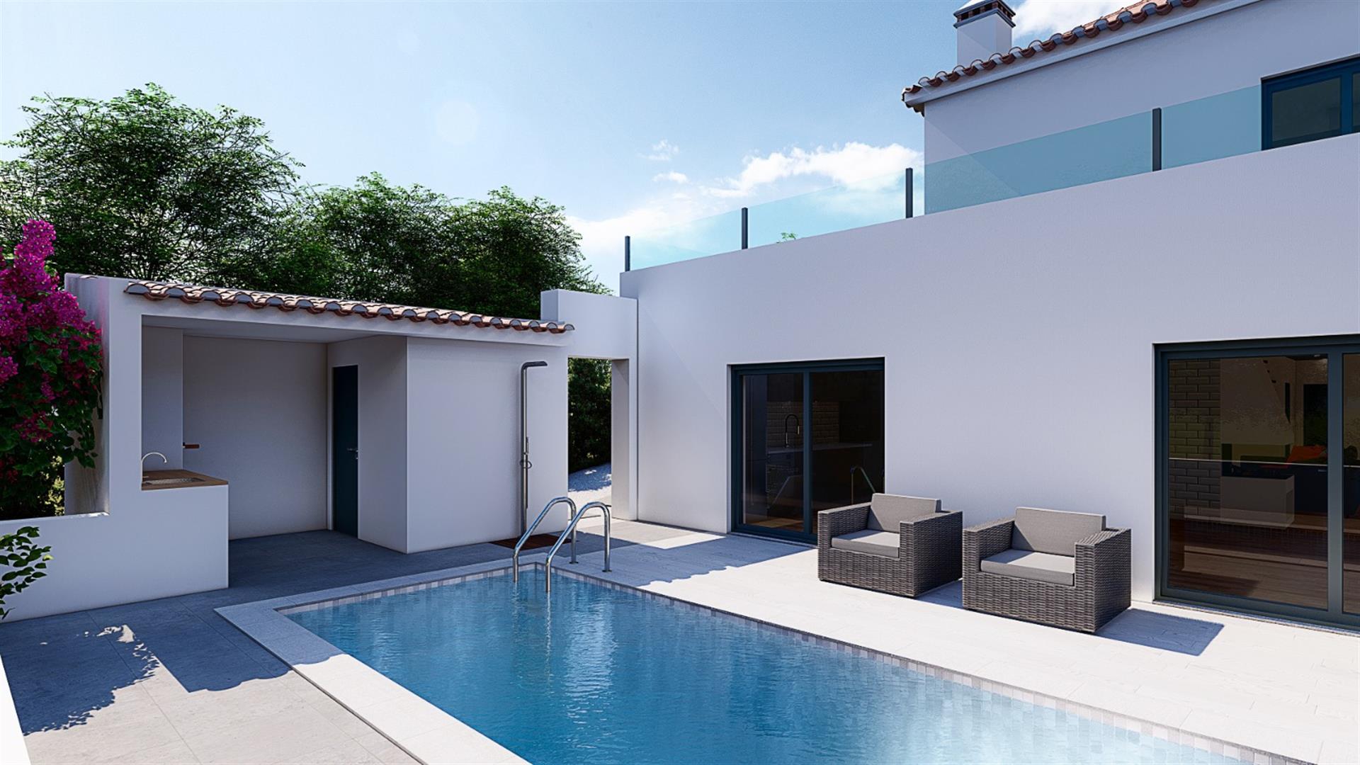 Ausgezeichnete neue T4-Villa auf dem Land und in der Nähe des Strandes und der Stadt Lissabon.