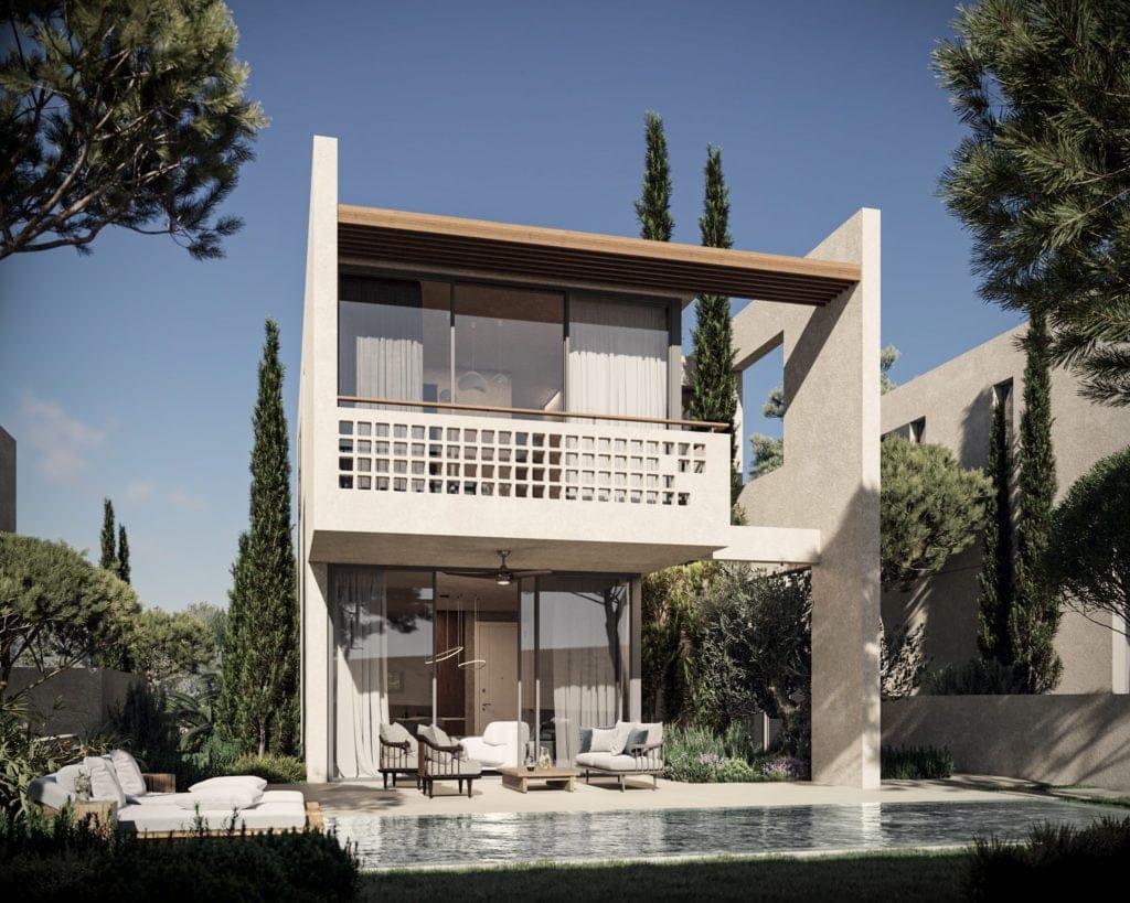 This elegant three-bedroom villa features open-plan living with modern lines and natural materials,