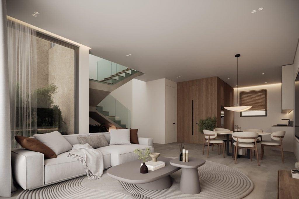 This elegant three-bedroom villa features open-plan living with modern lines and natural materials,