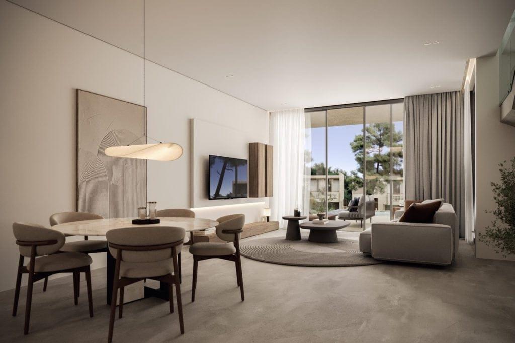 This elegant three-bedroom villa features open-plan living with modern lines and natural materials,
