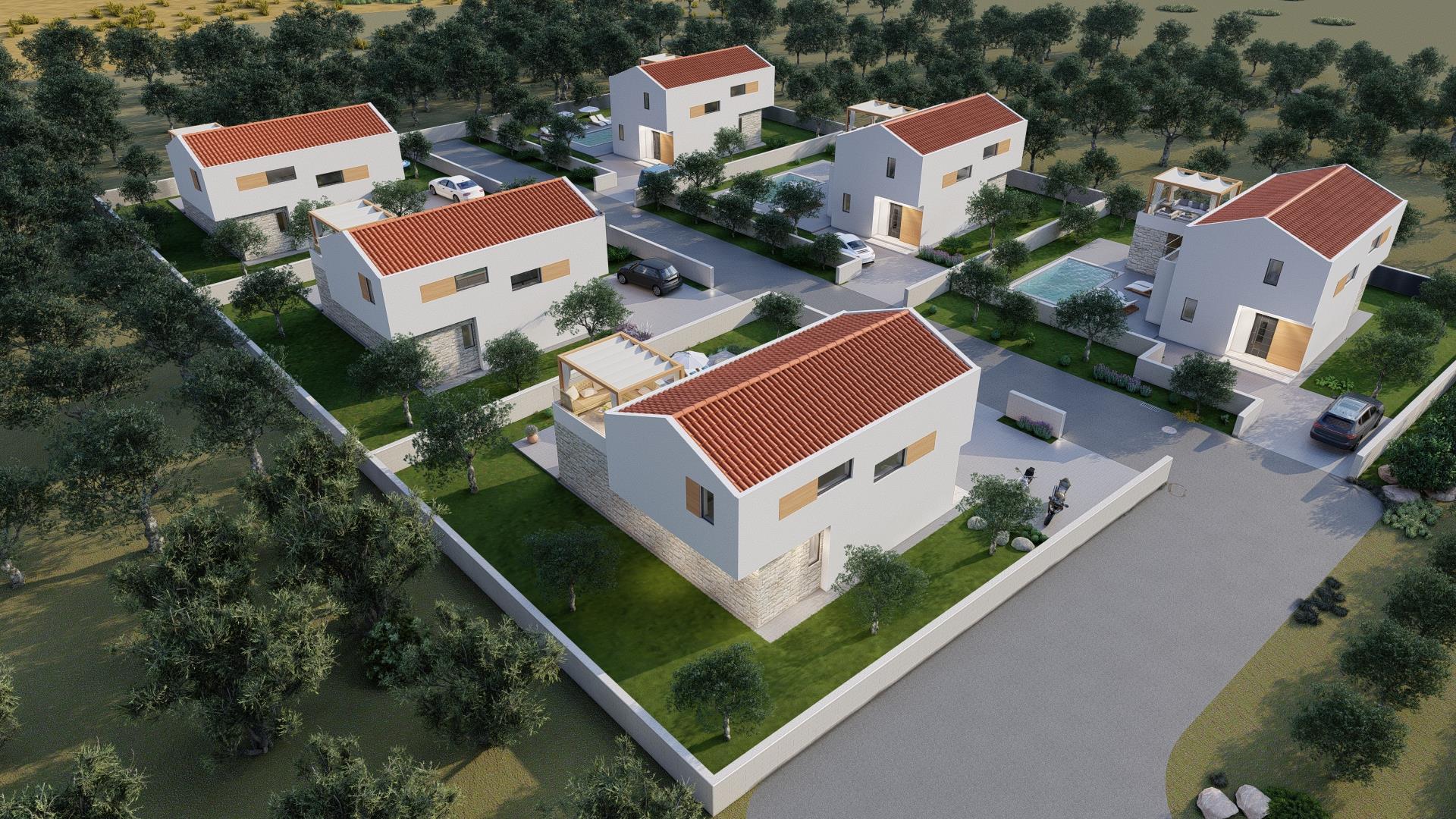 An exclusive project for the construction of 6 modern villas with swimming pools and see views. 