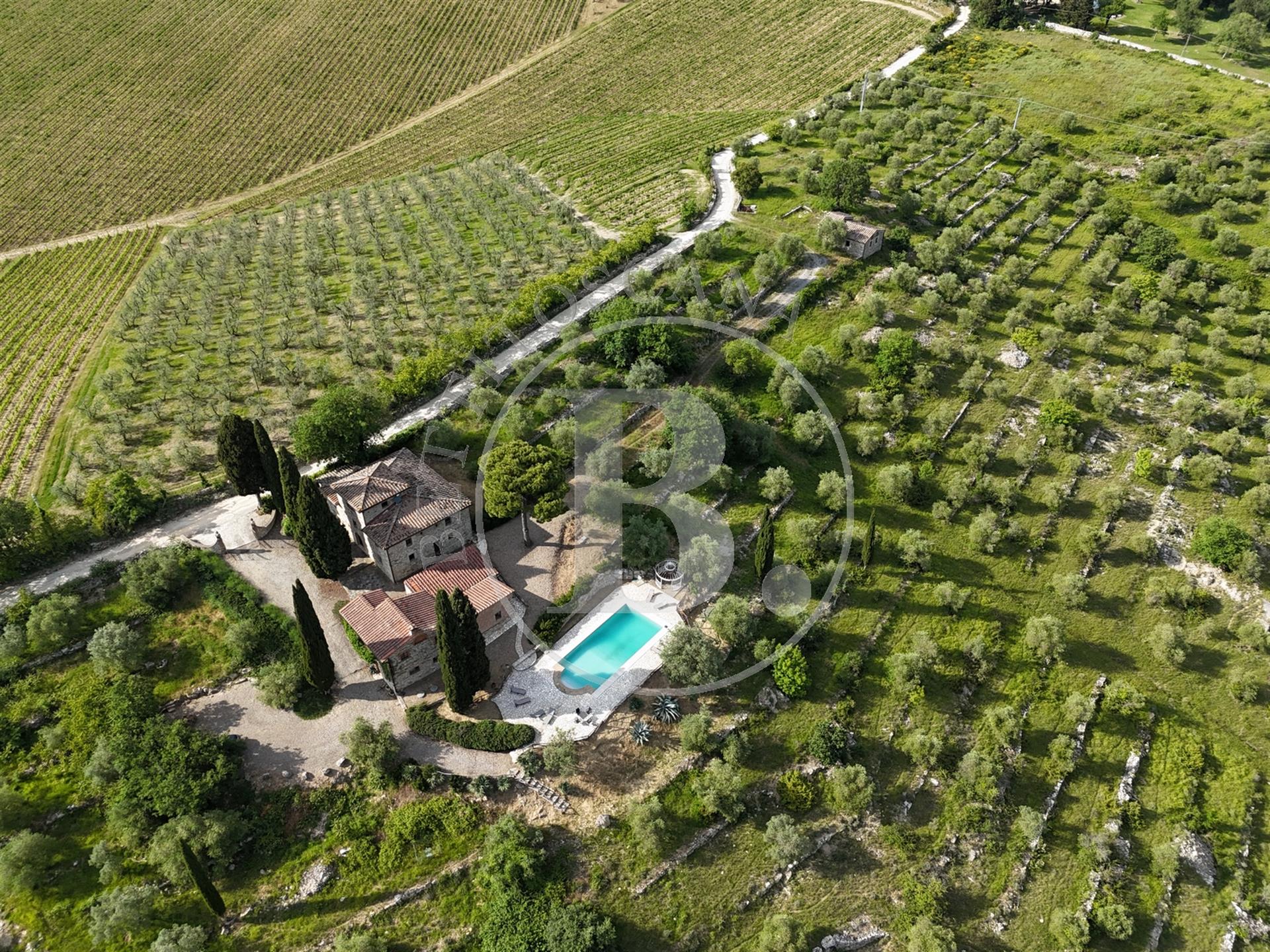 Chianti farmhouse with outbuildings surrounded by 13 hectares of land, boasting an olive grove, and 