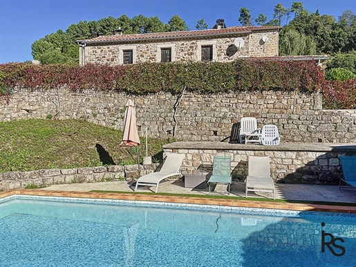 Dans un hameau, un ensemble de deux maisons et 3822 m2 de terrain avec une piscine et une belle vue.