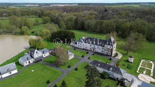 Chateau with its lodges for sale on a part wooded 71 acre-estate with lake in South Touraine.