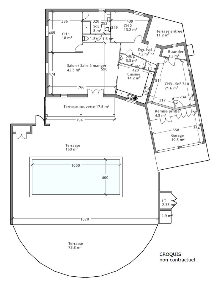 Villa 135m² avec 3 chambres, piscine, 2100m² à Castelnau-d'Aude