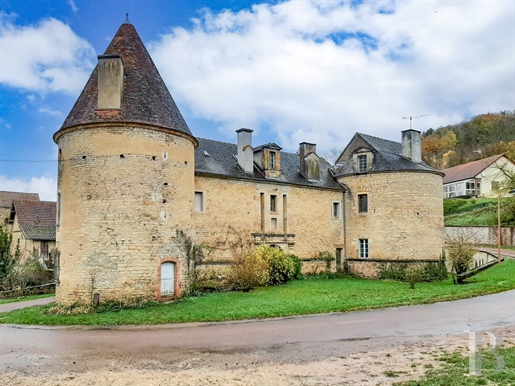 In Burgund, im Auxois, eine mittelalterliche Burg aus dem 15. Jahrhundert und ihr Bauernhof, der re
