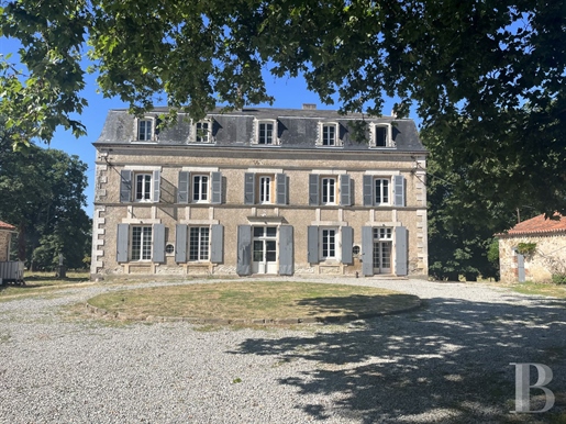 A 19th-century château in need of renovation, its outbuildings and pond on a 31-hectare estate in Ch